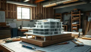 Architekturmodellbau Essen: Detailreiche Darstellung eines modernen Architekturmodells in einer Werkstatt.