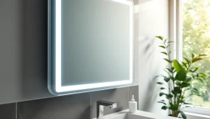 Showcase a modern bathroom mirror with led light reflecting a stylish and illuminated space.