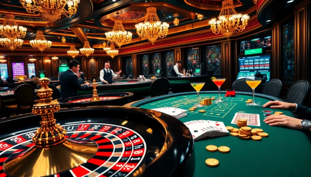 Exciting casino atmosphere showcasing players at tables and roulette wheel at https://kk55.global/
