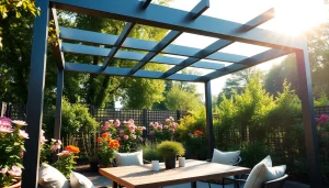 Relax beneath a modern steel pergola surrounded by vibrant garden flowers and greenery.