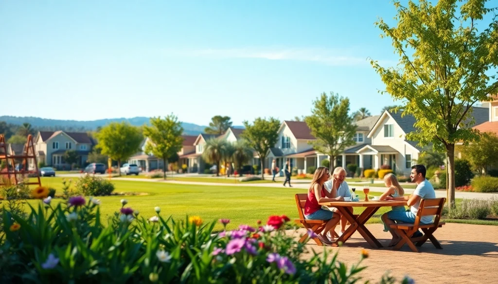 Family enjoying a picnic in Clarksburg CA park with charming homes and vibrant greenery.