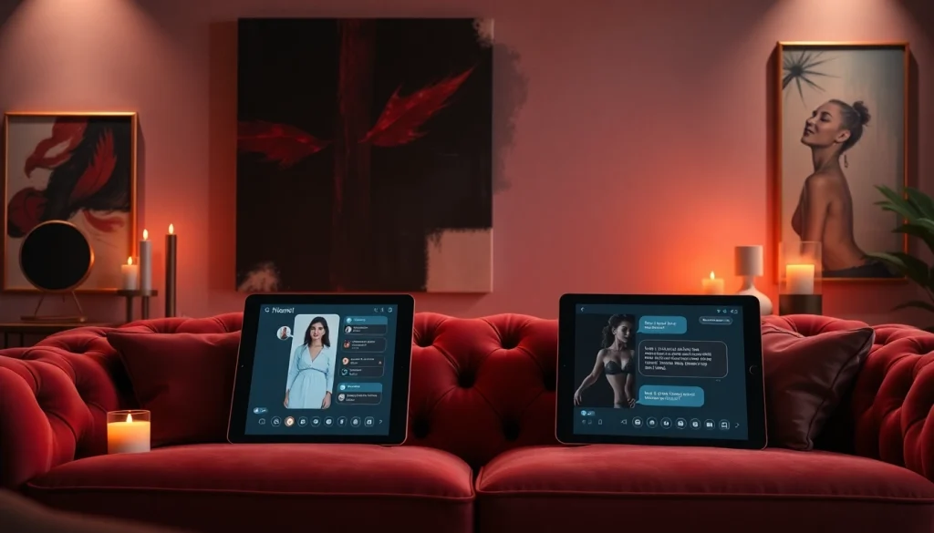 Engaging scene with a plush couch and digital devices showcasing an NSFW AI chatbot experience.
