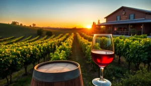 Enjoy Clarksburg wineries with vibrant grapevines and a glass of red wine at sunset.