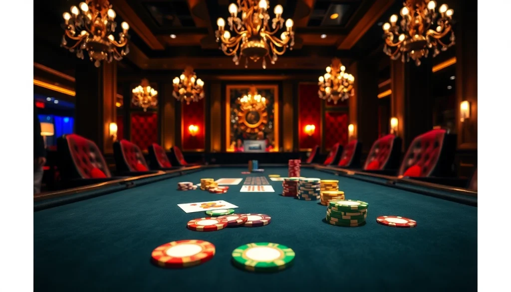 เล่นเกม ยูฟ่า169 ที่โต๊ะคาสิโนที่หรูหรา พร้อมชิปและการ์ดที่มีสีสัน