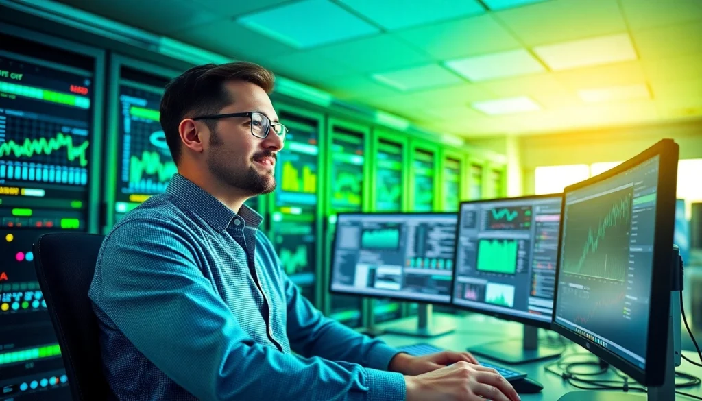 IT technician delivering a managed IT service at a modern workstation with high-tech servers.