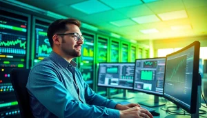 IT technician delivering a managed IT service at a modern workstation with high-tech servers.