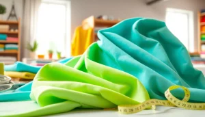 Vibrant katoen stof voor kleding met voorts kattenspoelen en scharen in een creatieve setting.