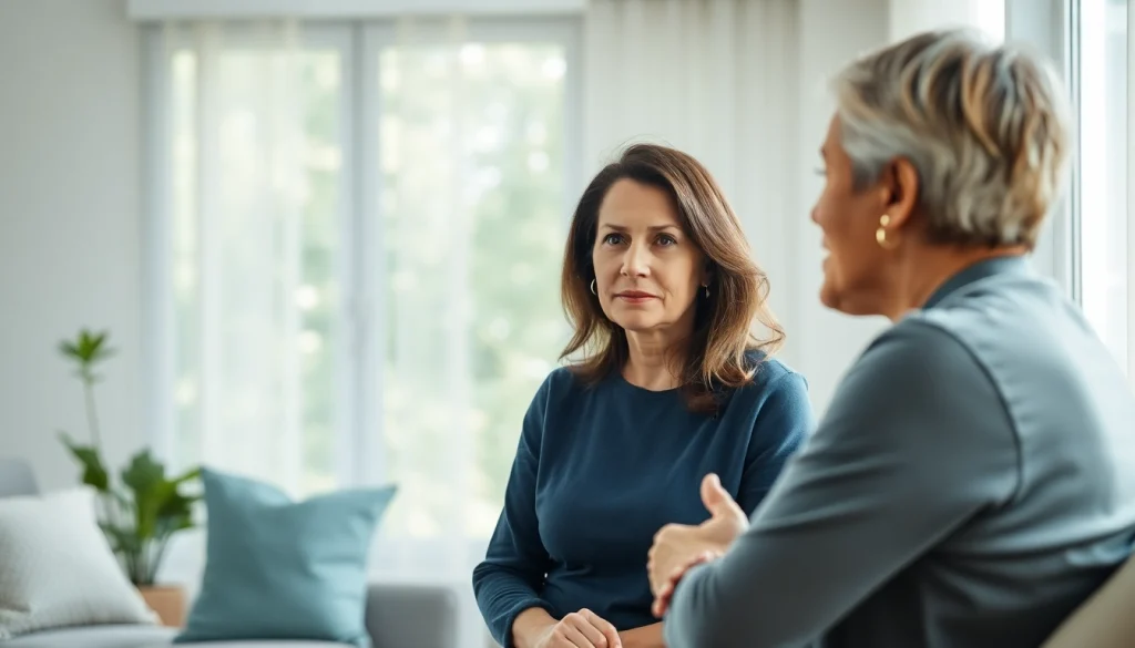 Anxiety symptoms in a therapy session with a calm therapist and client expressing feelings.