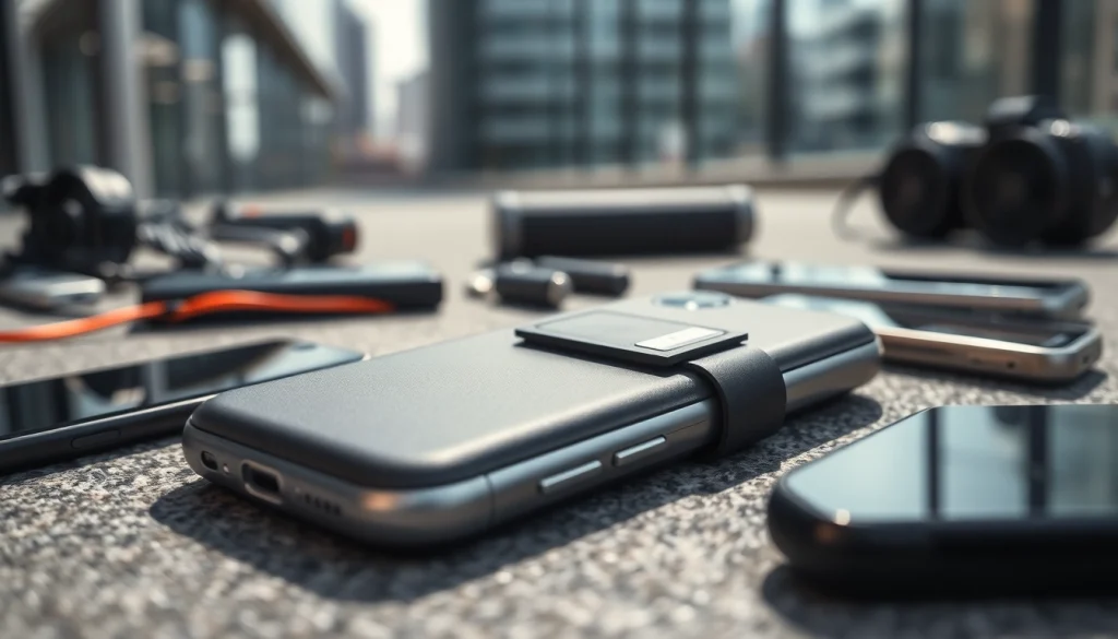 Abschließbare Handytasche präsentiert in einem modernen urbanen Umfeld mit sicherem Verschluss.