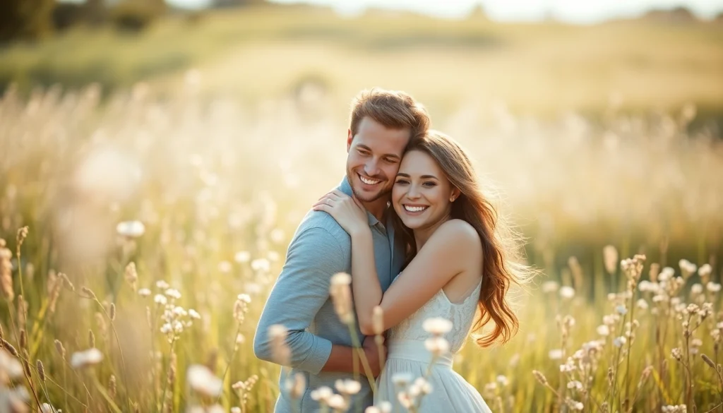 Experience the essence of light & airy photography showcasing a joyful couple in a field.