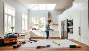 Renovation expert transforms a contemporary kitchen space, showcasing modern design and bright natural light.