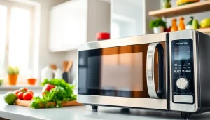 Boosting microwave oven sales through a modern kitchen setup featuring a sleek microwave and vibrant ingredients.