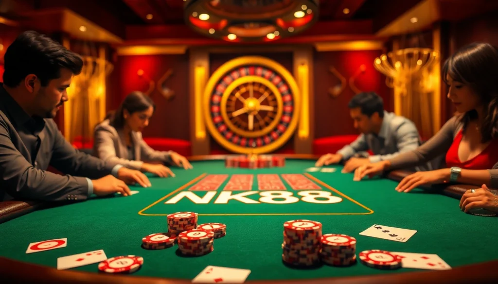 Engage in exciting poker gameplay at NK88, with vibrant chips and cards in a luxurious casino setting.