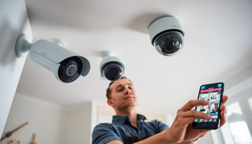 Instalación de sistemas de seguridad Dahua con cámaras en un hogar inteligente moderno, que muestra tecnología avanzada y profesionalismo.