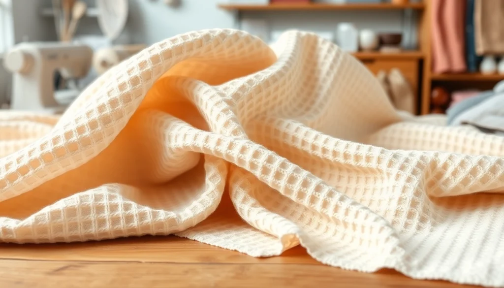 Wafel katoenen stof prachtig uitgestald, benadrukt de textuur en details.