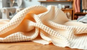 Wafel katoenen stof prachtig uitgestald, benadrukt de textuur en details.