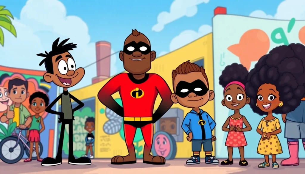 A vibrant scene featuring iconic African American cartoons like The Boondocks and The Proud Family, showcasing cultural diversity.