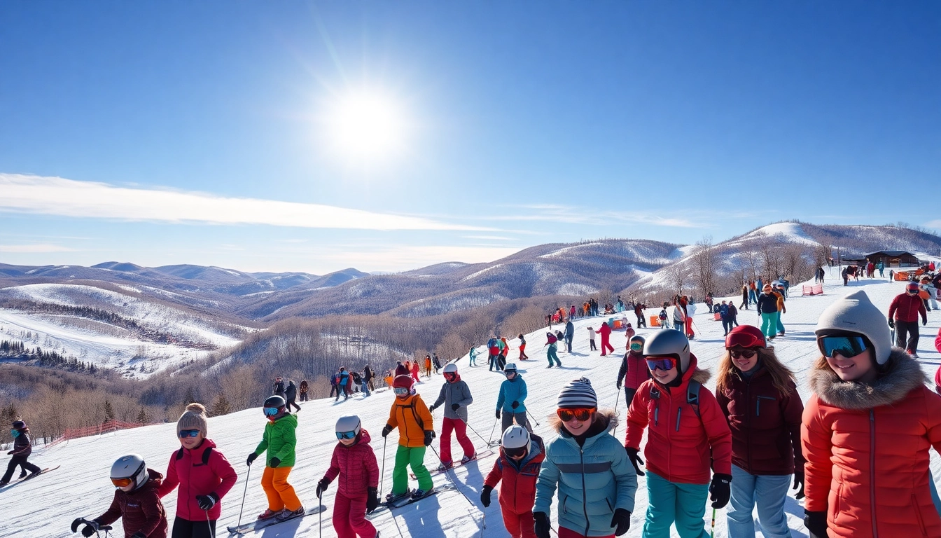 Skiers and snowboarders in Wellesley, MA ski and snowboard resort enjoying vibrant winter activities